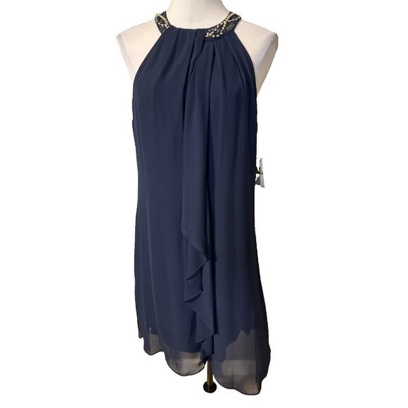 SLNY Evenings 14 Dress Blue Crystal Crew Neck Wedding Cruise Party Event NEW - Picture 5 of 13